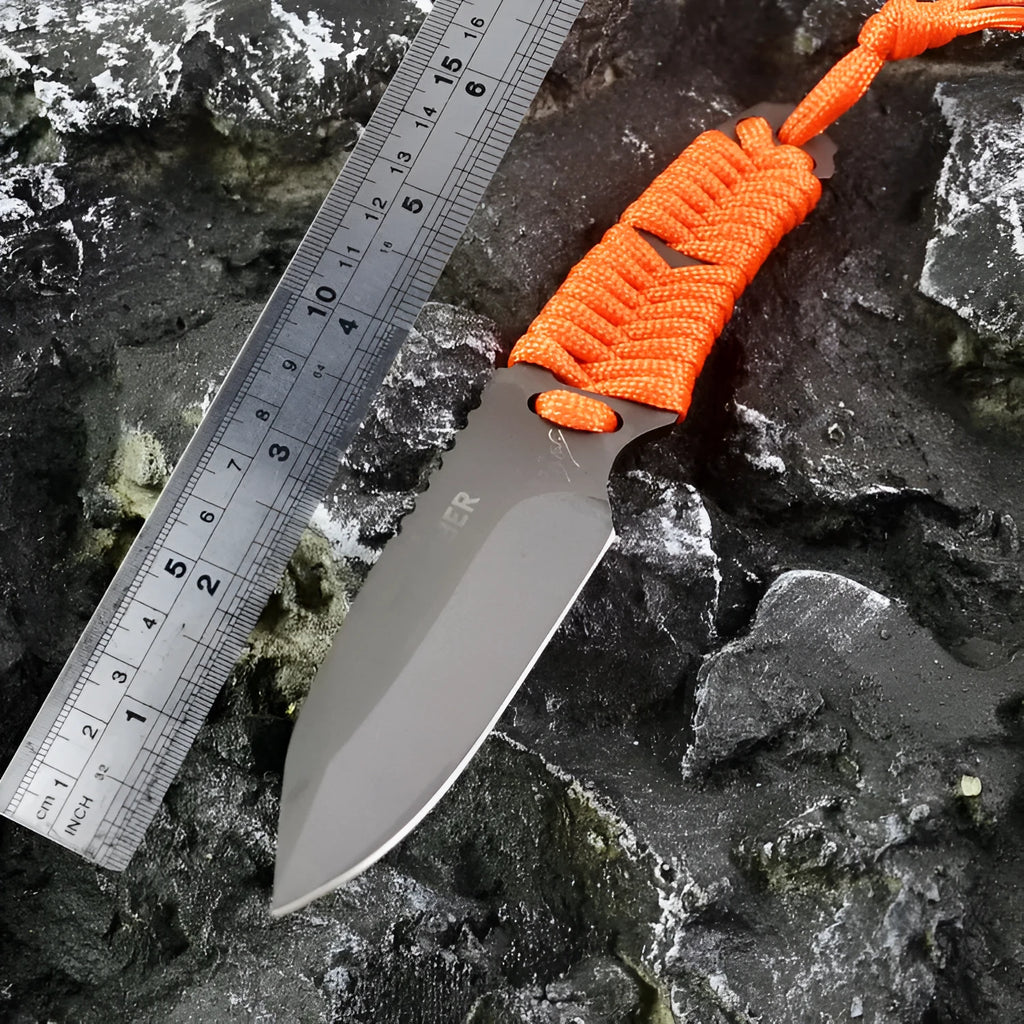 BG197 fixed blade camping survival knife with straight blade, rope-wrapped handle, and black ABS plastic sheath.