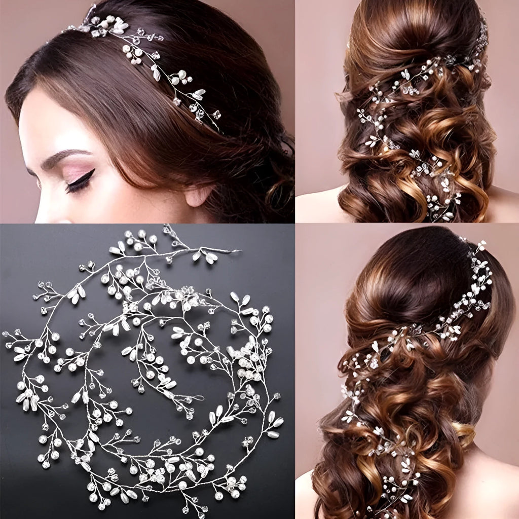 Pearl-decorated wire hair band for weddings in silver, gold, or rose gold on a white background.