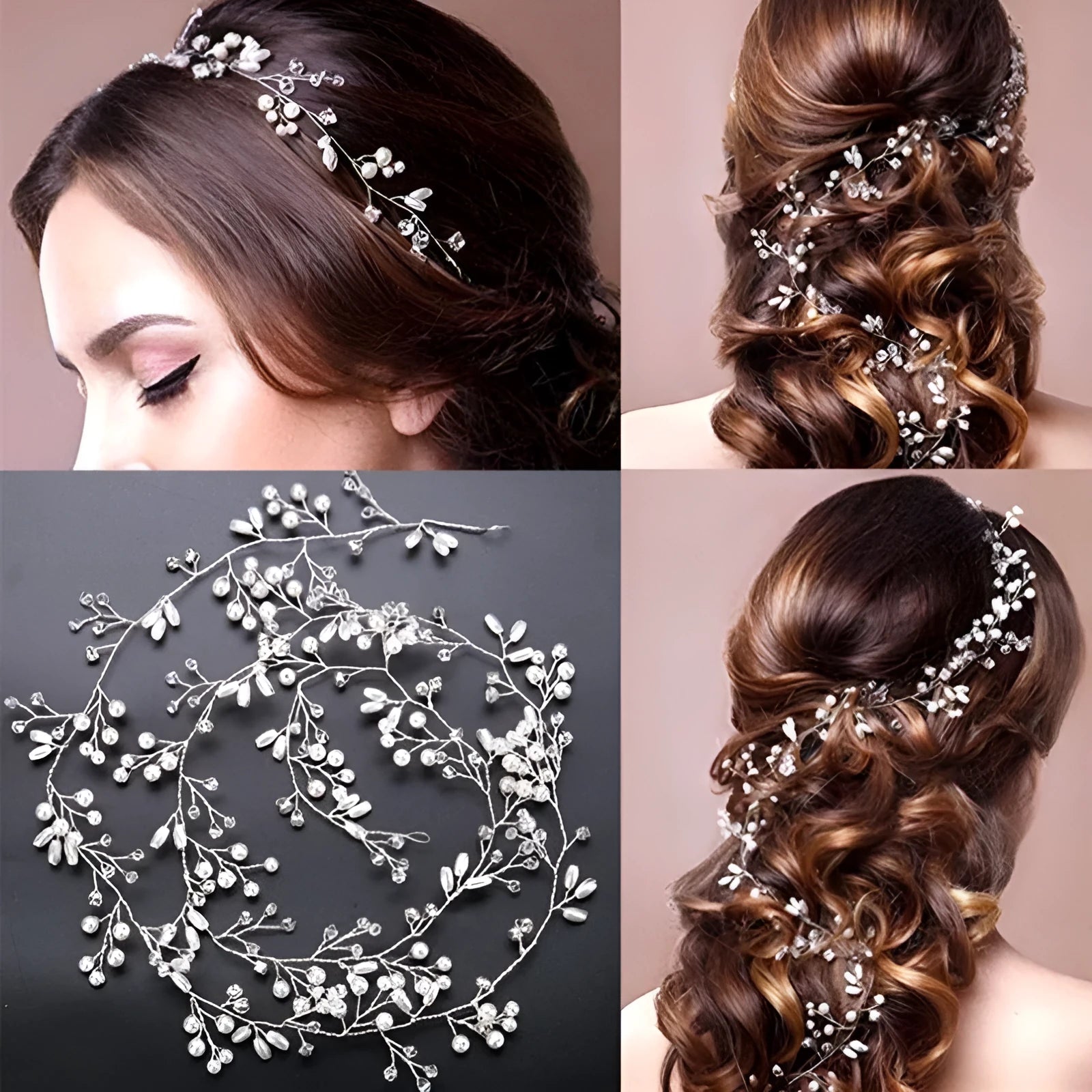 Pearl-decorated wire hair band for weddings in silver, gold, or rose gold on a white background.