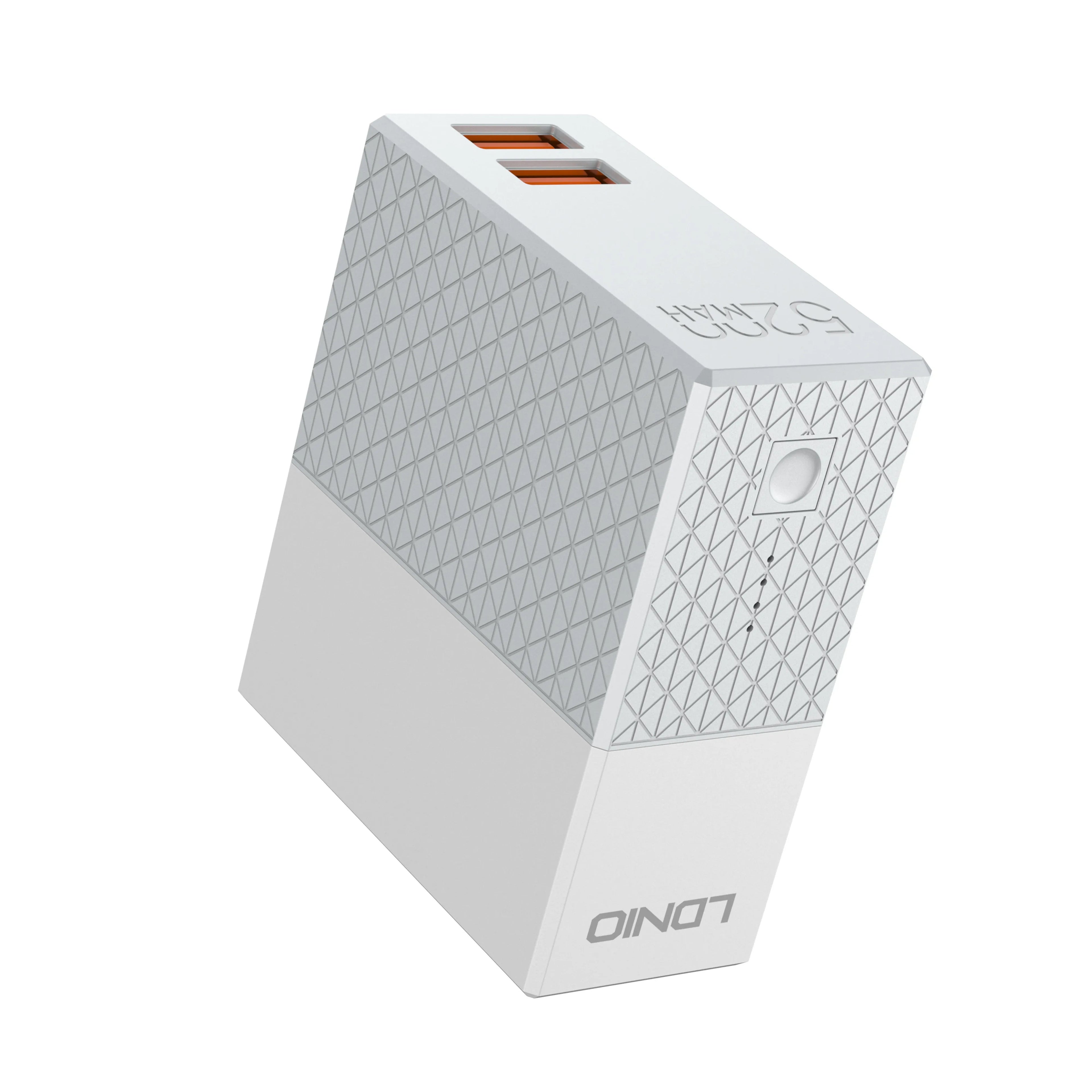 White two-in-one power bank charger with integrated plug, showing UK/US/EU pins and 5200mAh capacity.