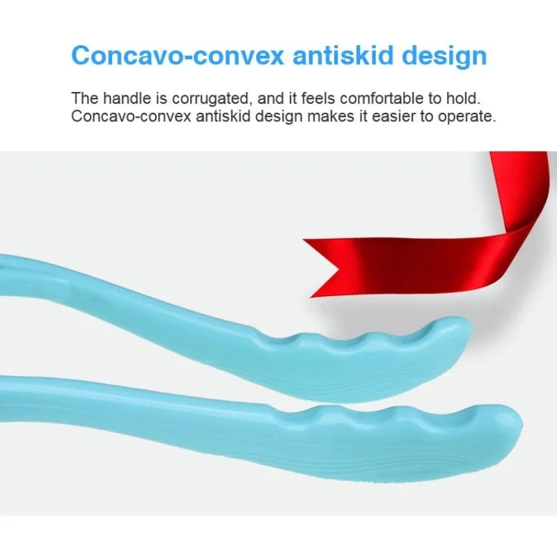 Blue plastic handheld neck massager with adjustable bracket and soft roller head on a white background.