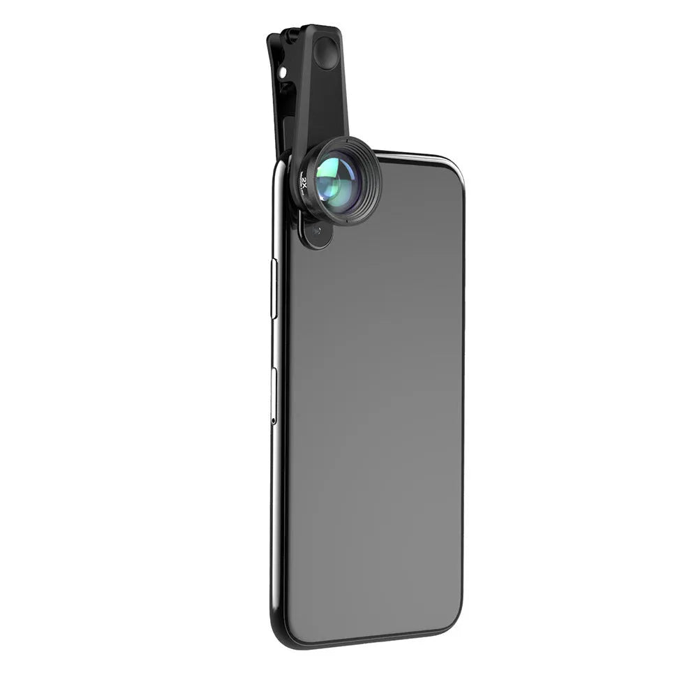 Black universal smartphone lens kit with six detachable lenses including fisheye, macro, and telephoto, shown with clip and case.
