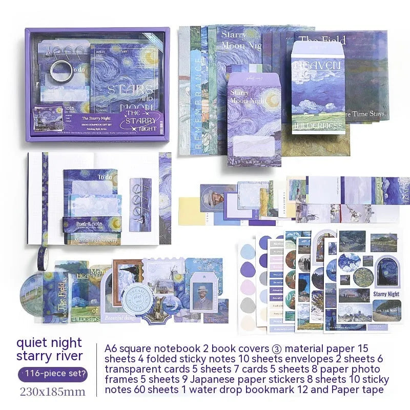 Creative journal gift box with A6 grid notebook, material paper, cards, photo frames, and stationery accessories in retro artistic plaid design