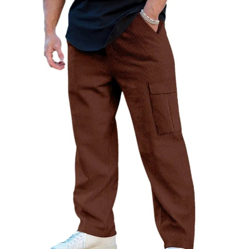 Men's corduroy cargo trousers in loose-fitting wide-leg style with drawstring waist