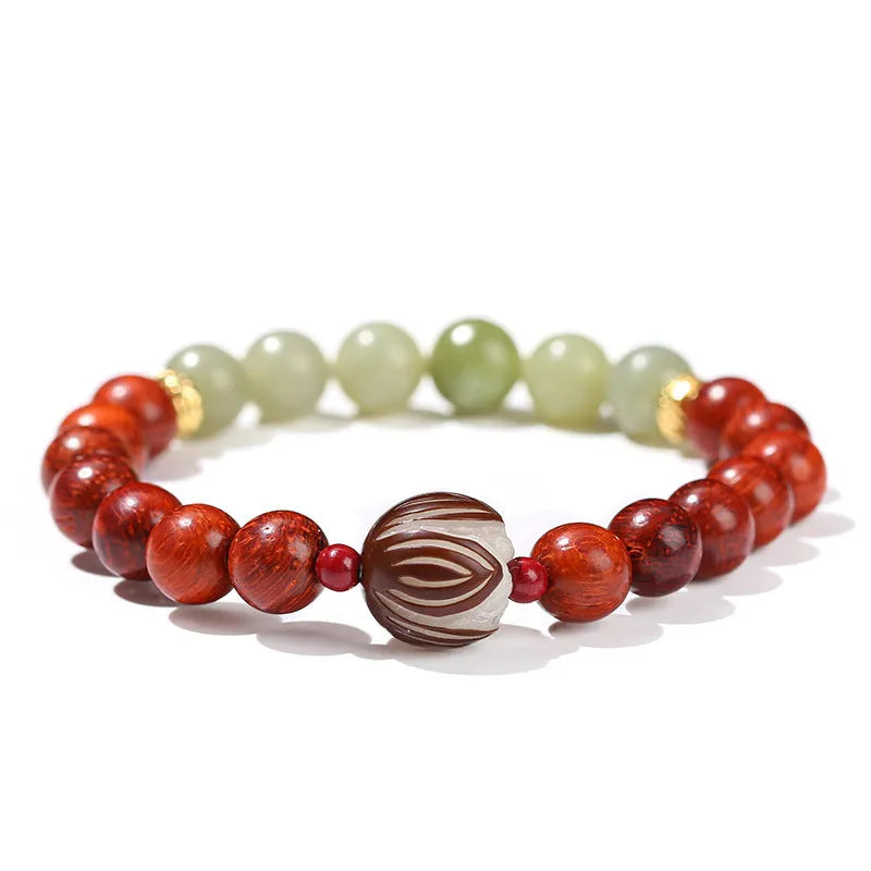 Red rosewood and gray jade bracelet with eight round Bodhi lotus beads