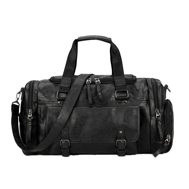 Black large capacity travel shoe storage bag with PU exterior, shown with dimensions 52cm wide by 27cm high.