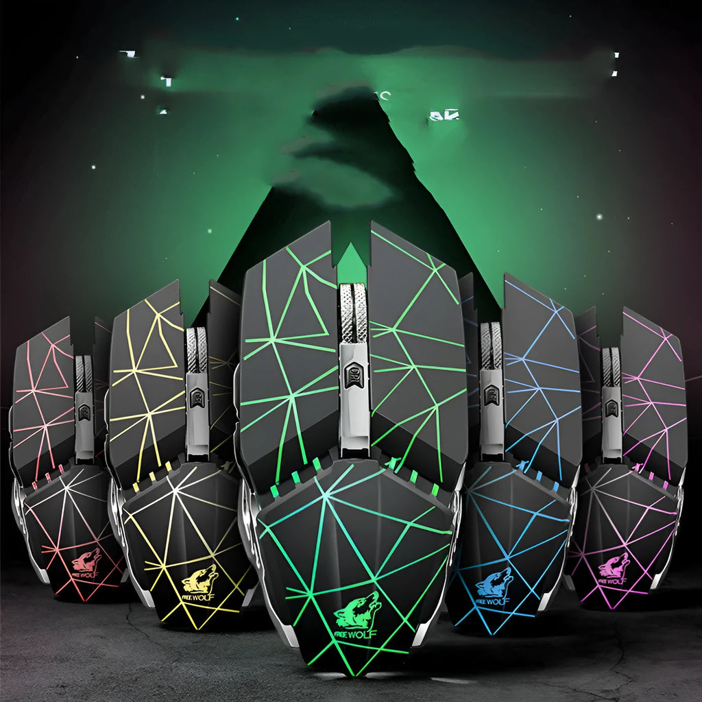 Black rechargeable wireless gaming mouse with six buttons on a mousepad
