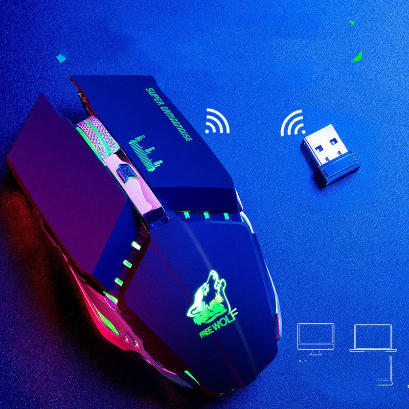 Black rechargeable wireless gaming mouse with six buttons on a mousepad