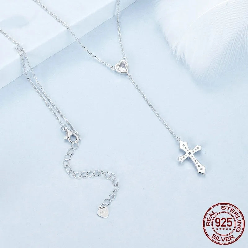 Women's silver V-neck love cross necklace with O-ring chain in BSN384 colour