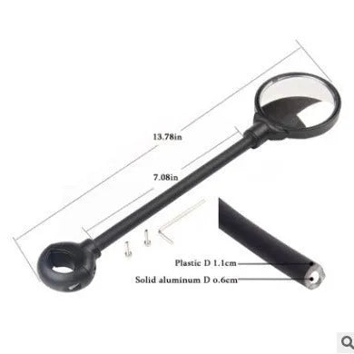 Black metal bicycle rearview mirror with hose adjustment mechanism and reflector