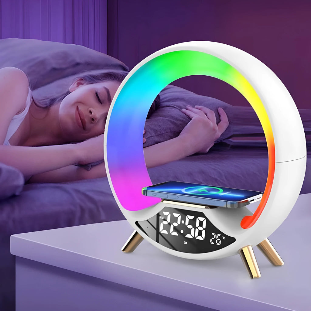 Black multifunctional bedside lamp with wireless charging pad, speaker, clock display, and adjustable night light.