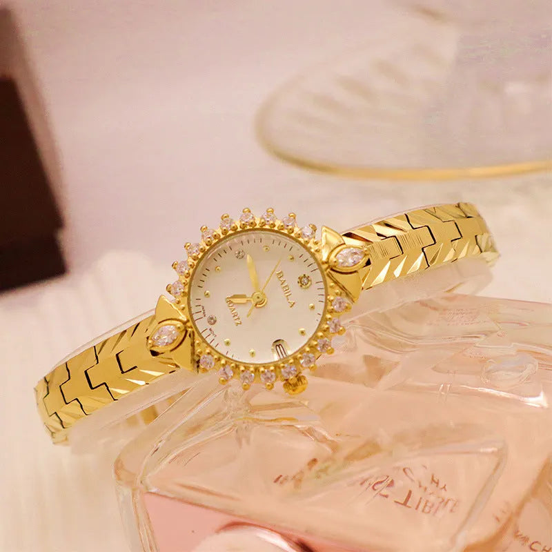 Women's vintage quartz watch with diamond bracelet in gold or white dial option