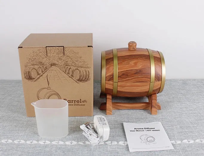 Smart Bluetooth aromatherapy machine with 350ml tank, wooden barrel design, 7 colour lights and music player
