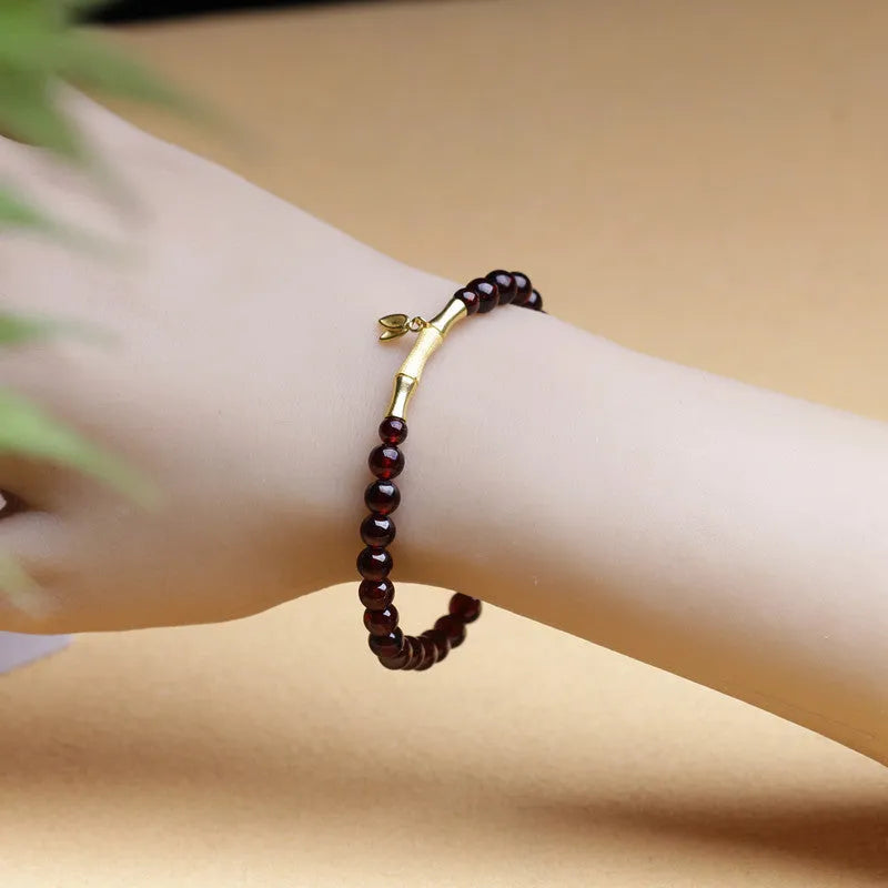 Natural garnet bamboo joint bracelet with 6mm single ring design in copper or silver finish