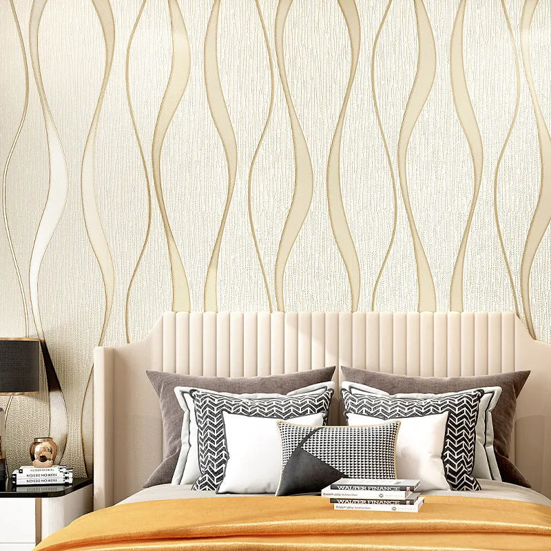 Close-up of light grey 3D curve stripe wallpaper with a thick deerskin velvet texture.