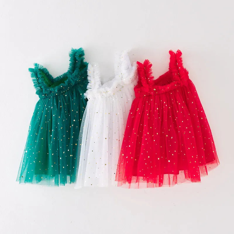 Child's new Christmas strapless dress in green, red, and white, acrylic fibre, sling style, size 100cm
