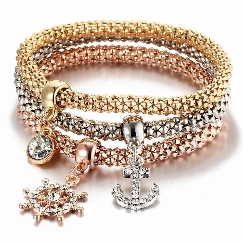 Alloy tricolour stretch popcorn corn chain bracelet set with themed charms in selected colour option
