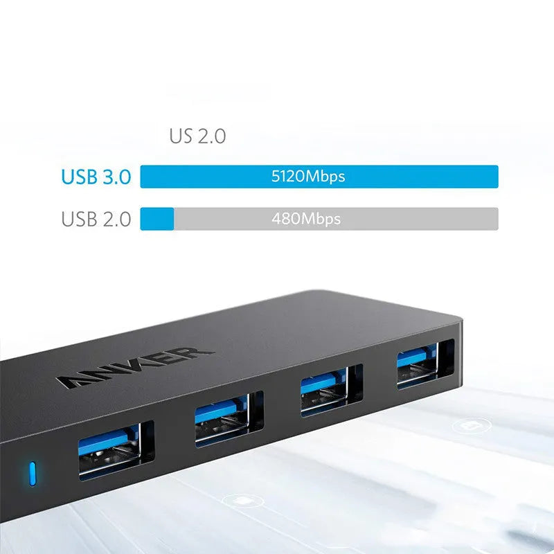 Black Anker 4-port USB 3.0 hub with short attached cable on a desk.