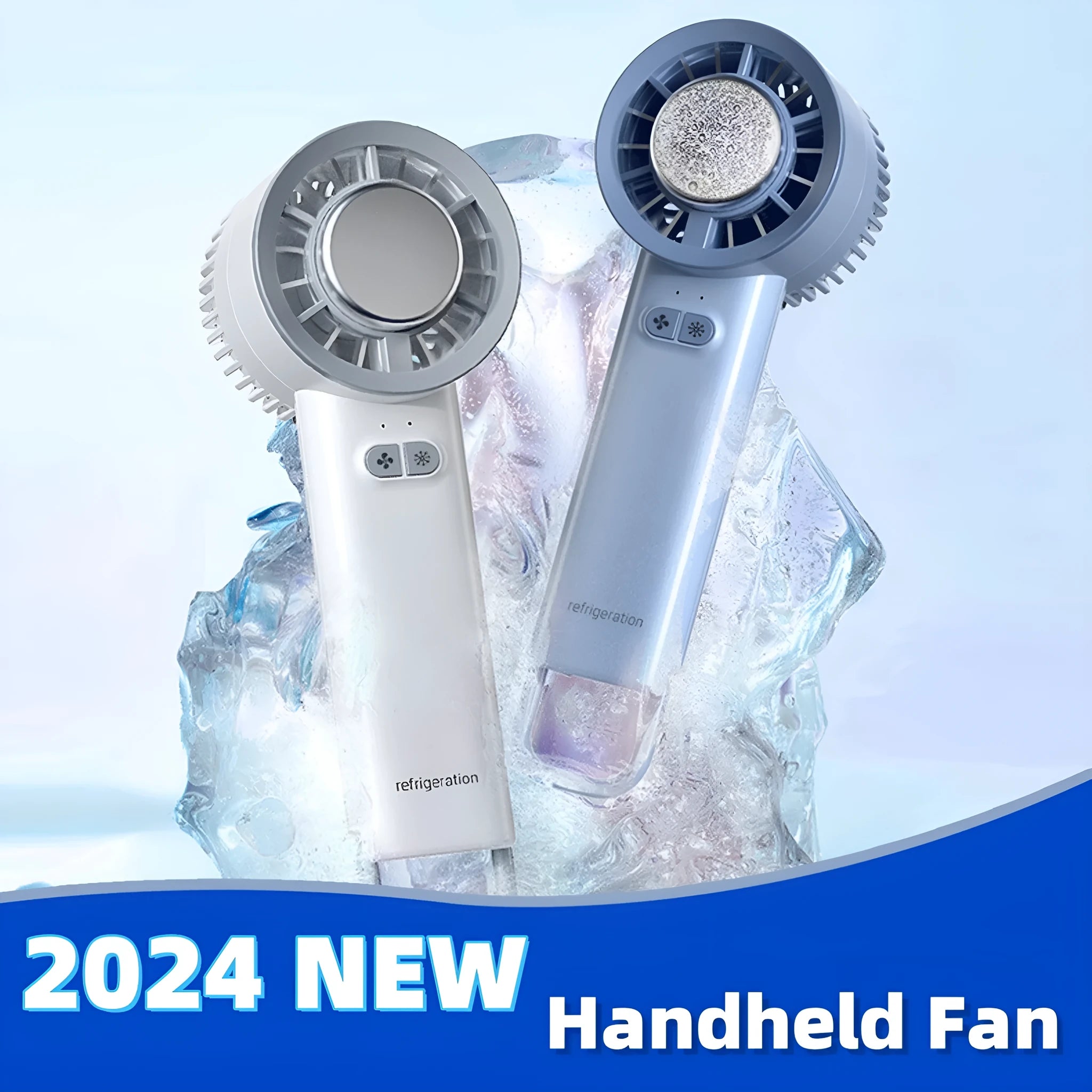 White handheld portable fan with turbo jet airflow and ice-cooling function