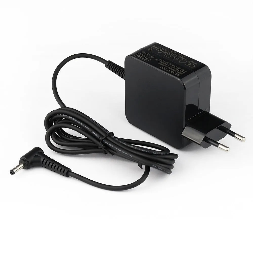 Black 45W laptop adapter with American standard DC connector plug and included charging cable