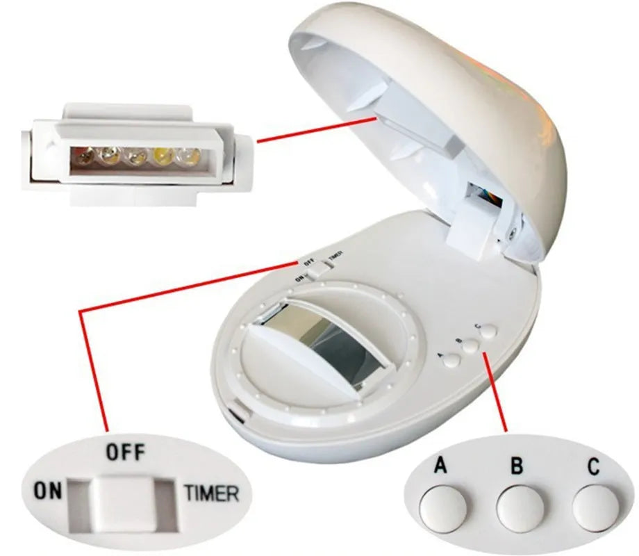Egg-shaped white rainbow projection lamp with three lighting modes, 14x10x6cm, on a table