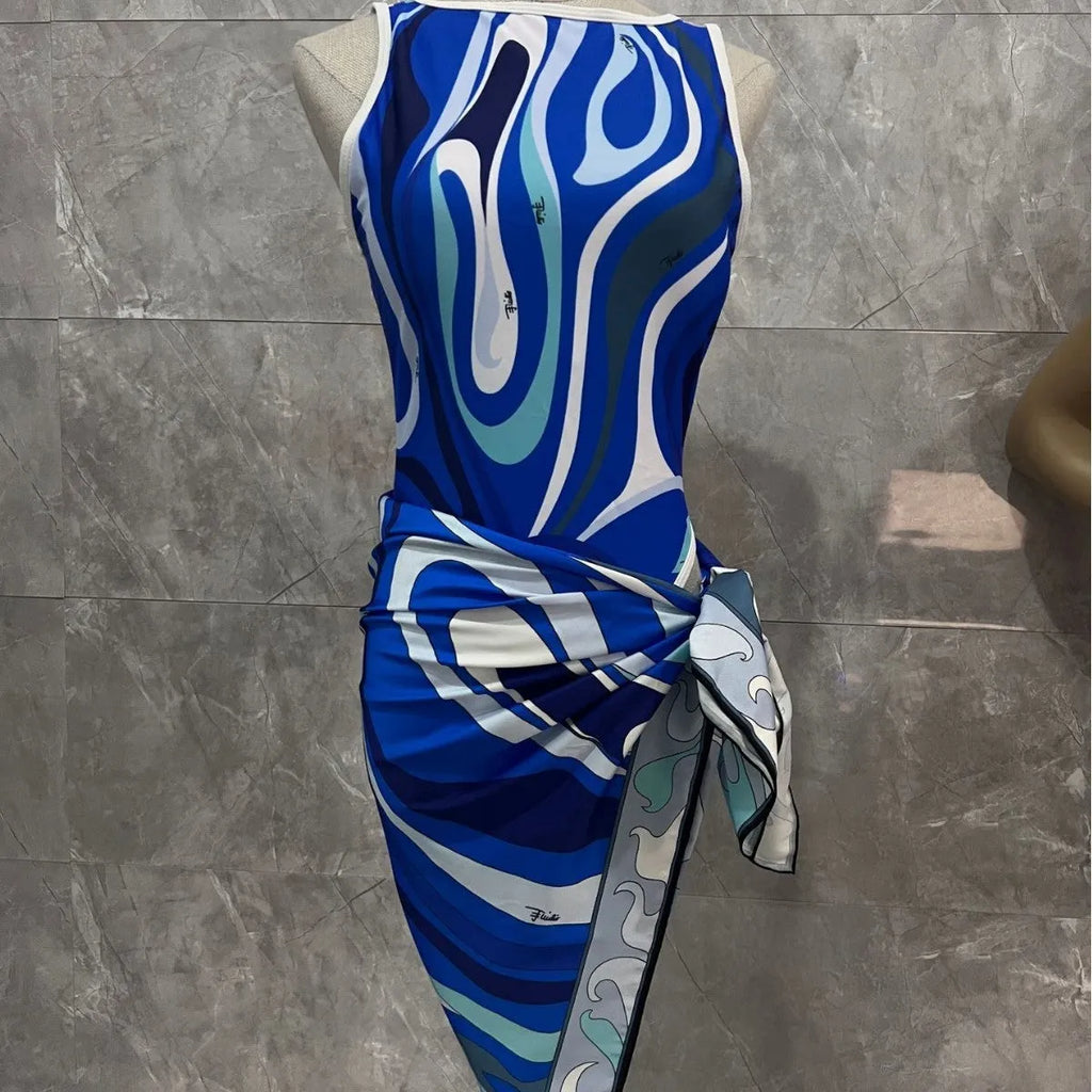 Women's striped polyester bikini swimsuit in blue conjoined square scarf style for swimming