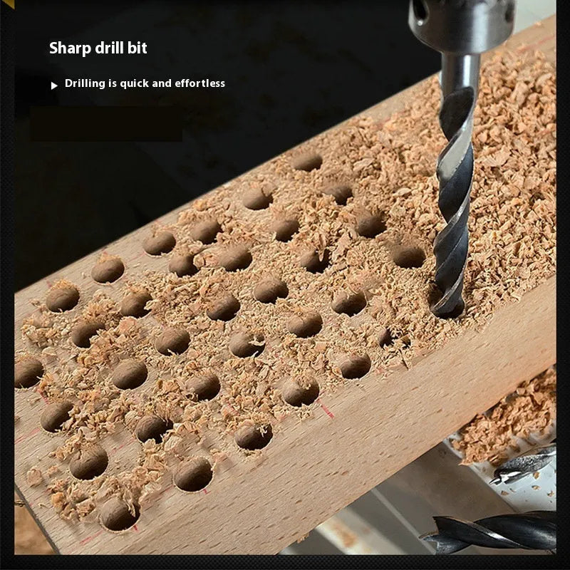 Woodworking twist punch drilling bit set with steel bits and hexagonal handle, five pieces on a dark background