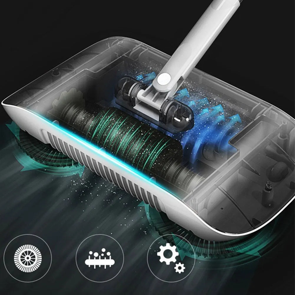 Pink hand push sweeper with rotating brush on floor shows broom dustpan mop all-in-one design