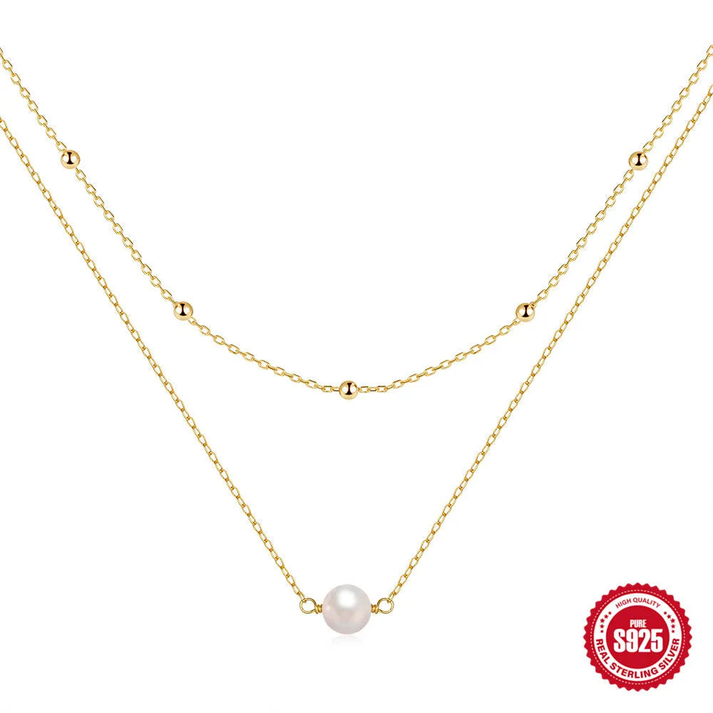 S925 sterling silver double layer pearl necklace with twin accents in gold plating