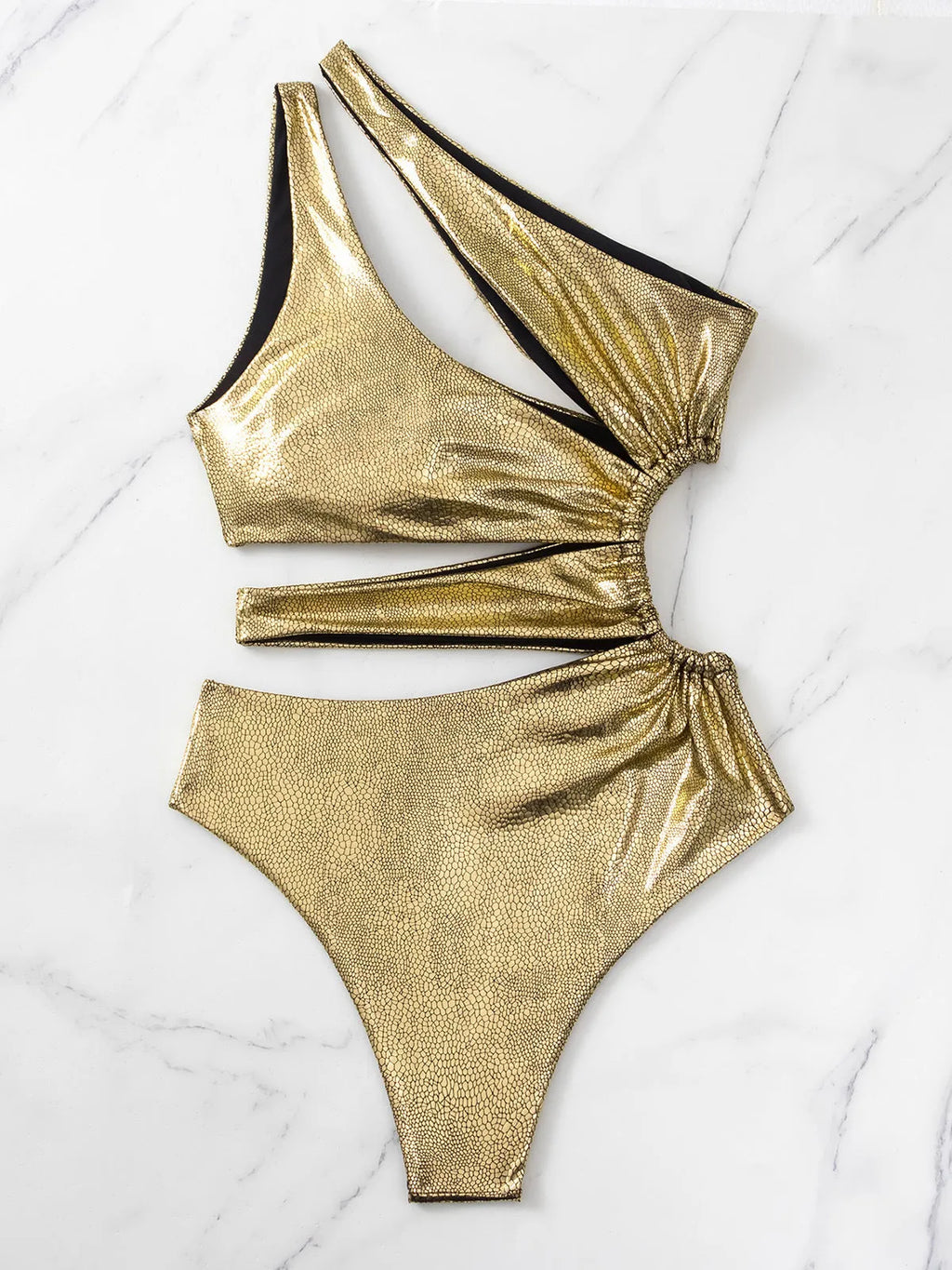 Women's gold backless one-piece swimsuit with Spandex lining shown in sizes S, M, L