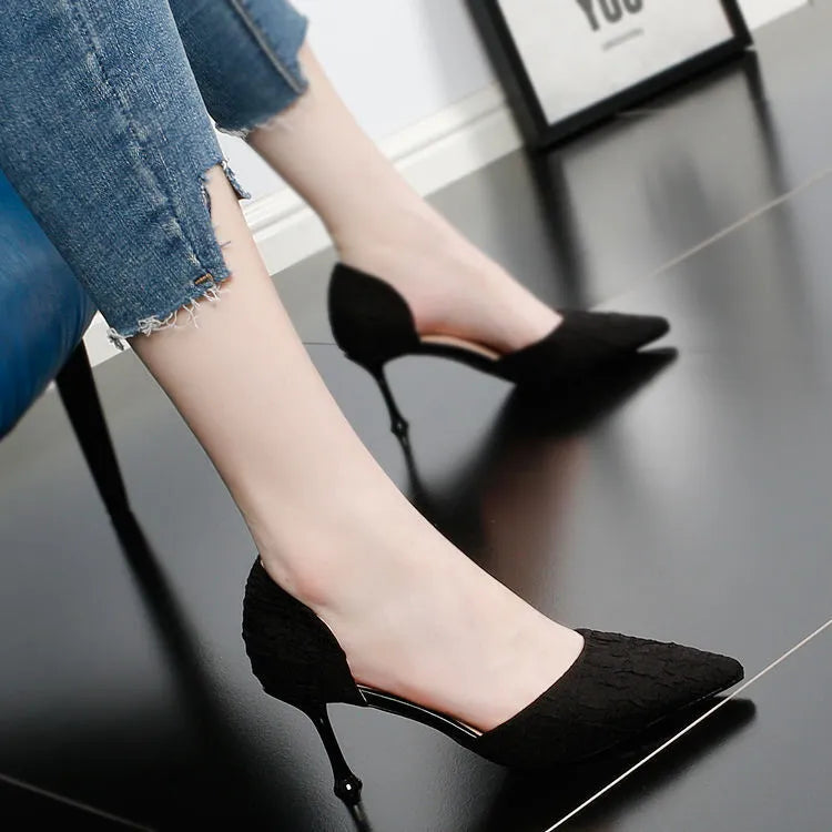 Women's black pointed-toe stiletto high-heel shoe made of PU leather