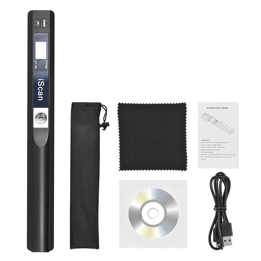 Handheld plastic scanner held in hand, shown in black, blue, green, red, and silver colour options.