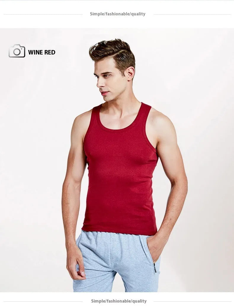 Men's pure cotton slim fit sleeveless sports vest in six colours, sizes M to 4XL, 161-180g per square metre