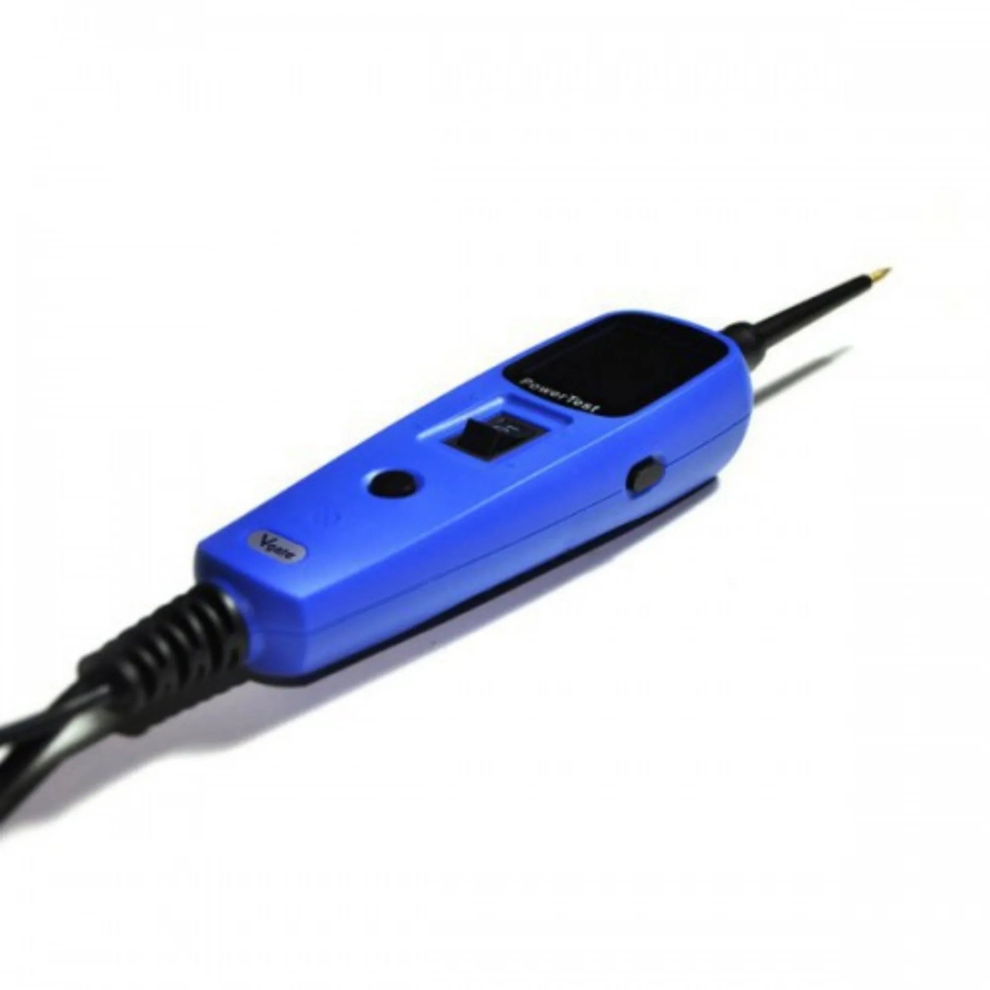 Blue PT150 automotive power circuit test pen with TFT display, shown with extension cable, probe, and protective case.