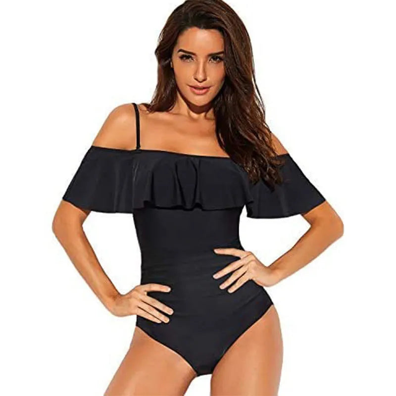 Black women's one-piece swimsuit with cut-out ruffled strap tube top design