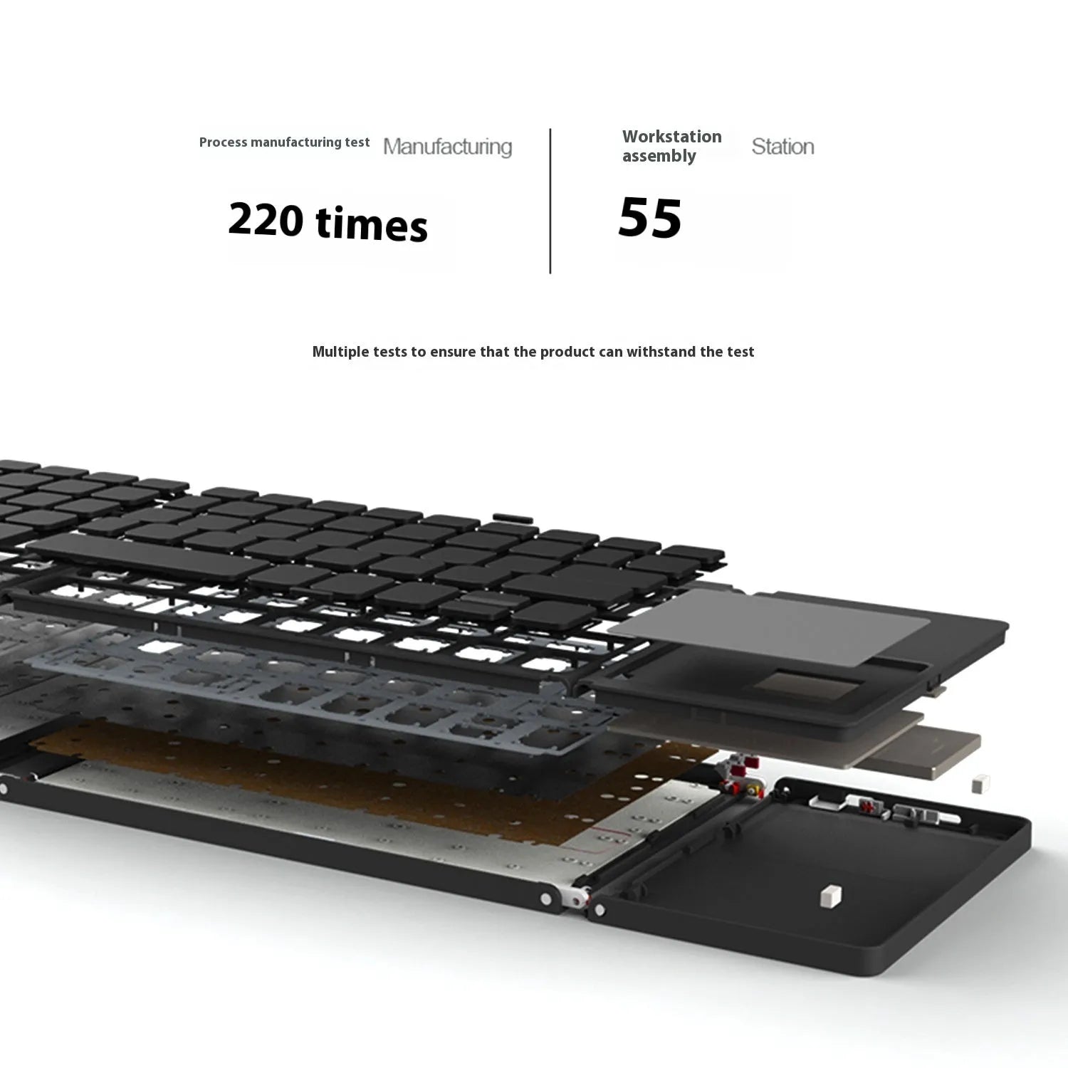 Mini tri-fold Bluetooth keyboard unfolded showing black keys and silver casing