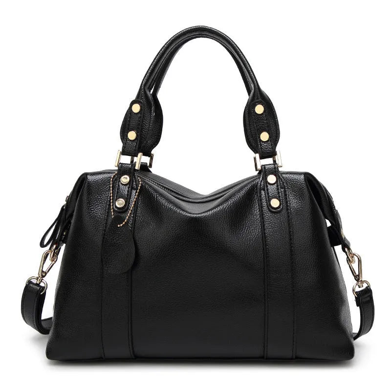 Women's PU leather handbag with lychee pattern, 33cm x 13cm x 23cm, in wine red, black, gray, or blue.