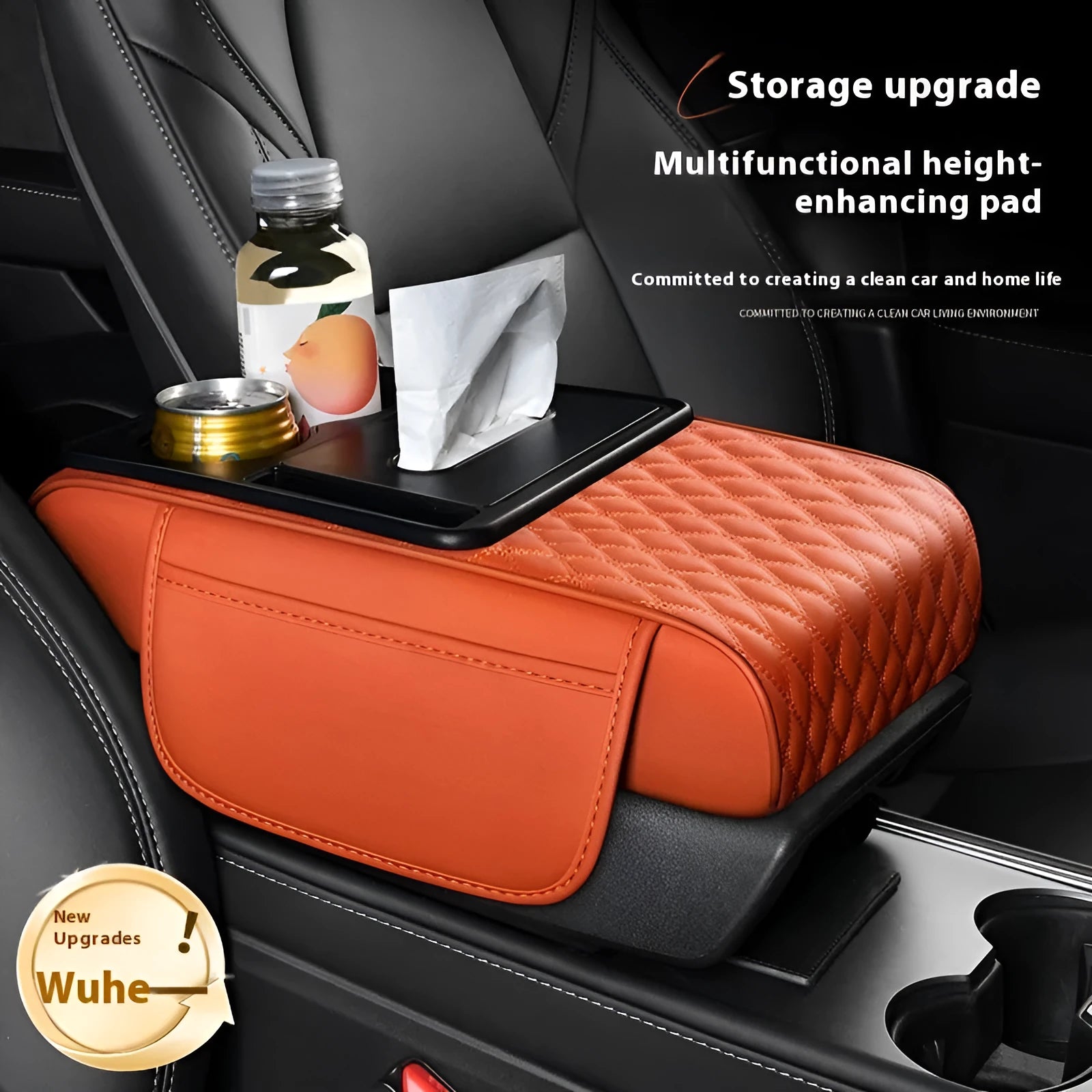 Multi-functional leather armrest box mat for car in beige colour with storage compartments, 35x19.5x7cm
