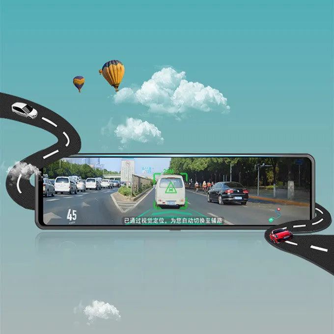 Black rearview mirror car dash cam with front and rear cameras for dual recording