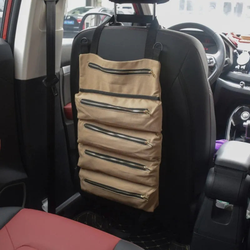 Multifunctional canvas hanging storage bag 49x29cm in khaki, army green, and black for car organisation