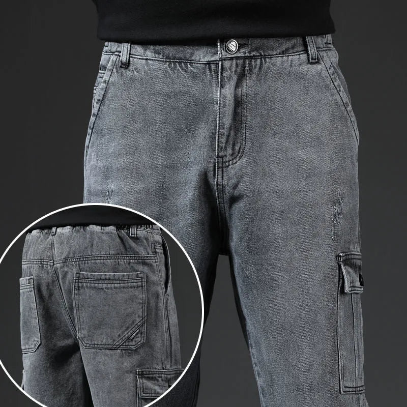 Japanese-style multi-pocket cotton workwear jeans for men in blue, black, and gray, sizes M to 5XL