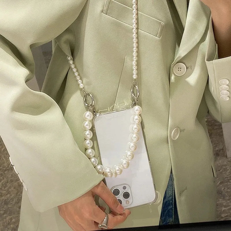 Soft silicone iPhone case with large pearl decoration and attached chain in Japanese Korean style