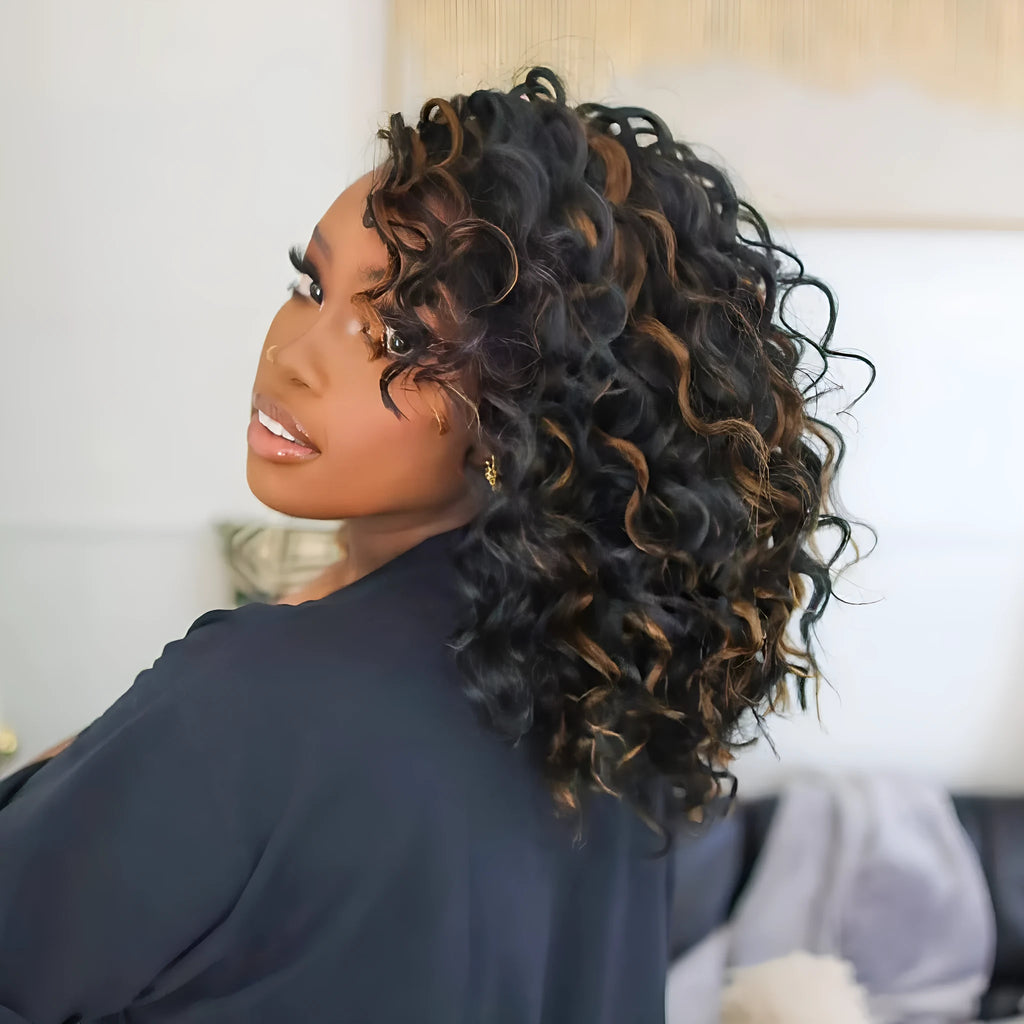 Long curly wig with side bangs, domestic silk, available in 10 to 22 inch lengths and six colour styles