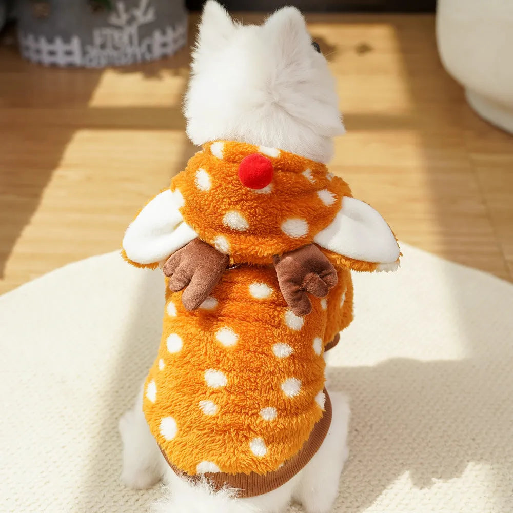 Elk design fleece-lined dog costume for small to medium breeds in Christmas red colour