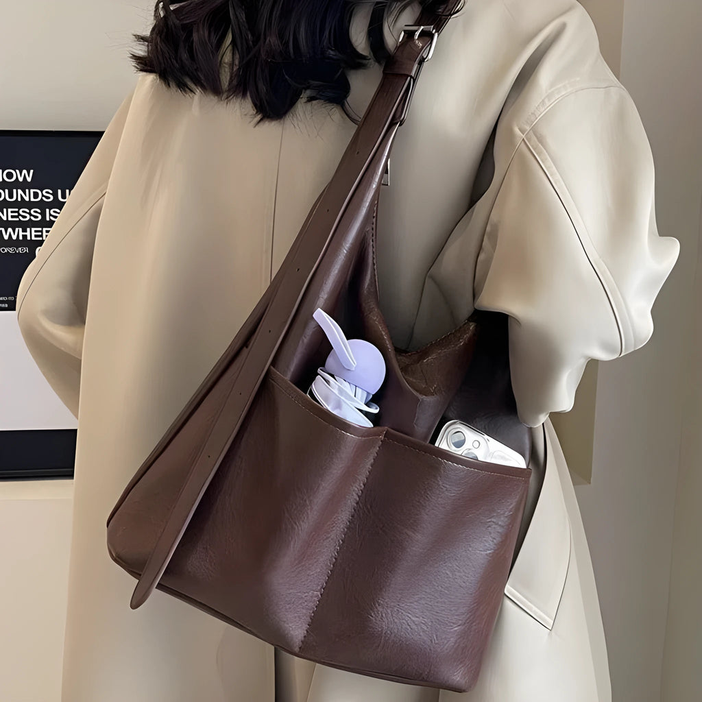 Women's large-capacity PU crossbody bag in coffee or black, 25cm high, 30cm wide, 12cm thick, with small bag.
