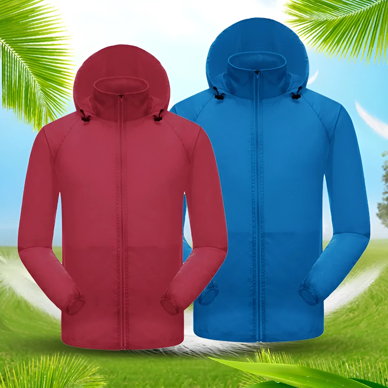 UPF40 waterproof sun protection jacket for men and women in Army Green with hood and storage bag