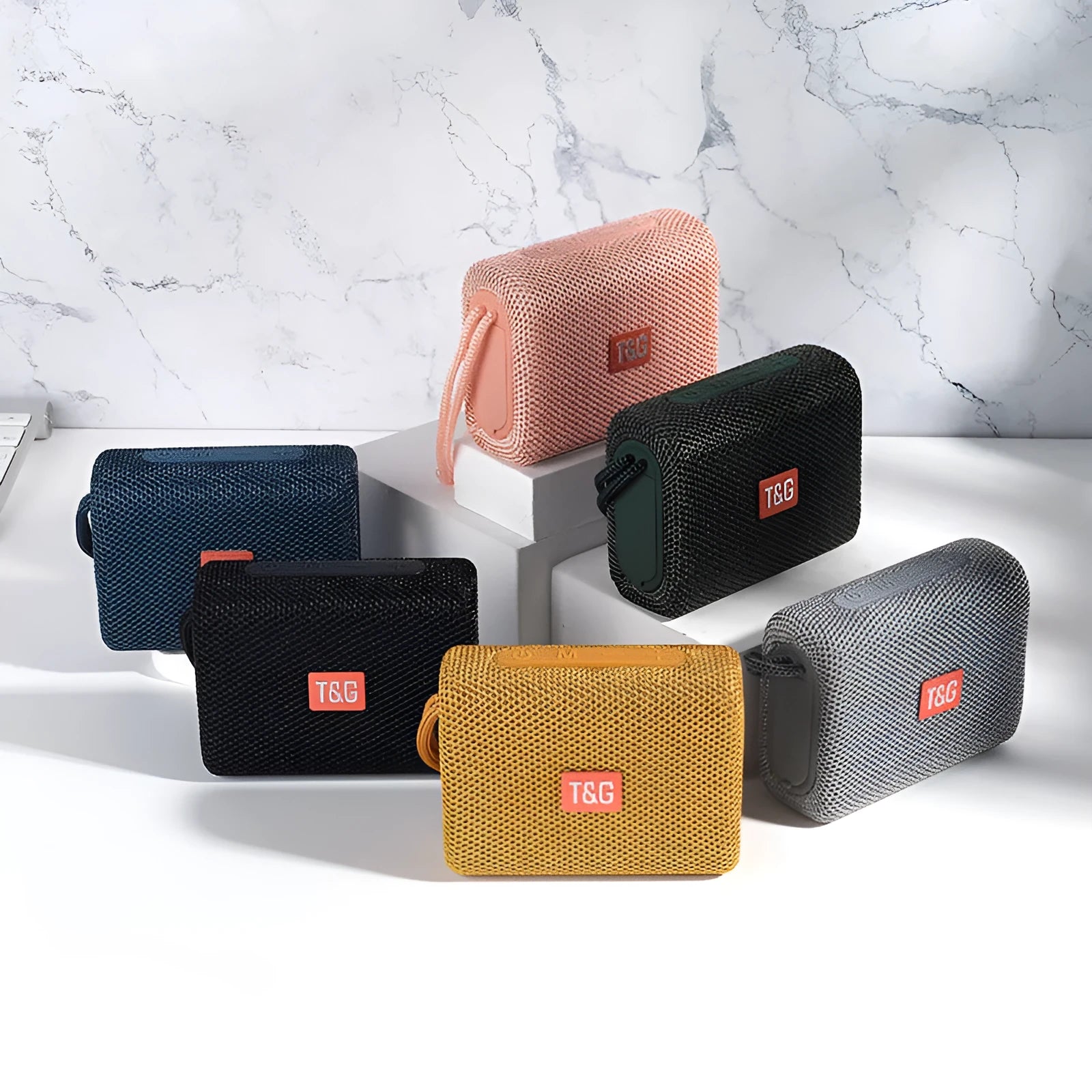 Wireless Bluetooth speaker in black, front view showing control buttons and grille, with double diaphragm subwoofer, 100x40x78mm
