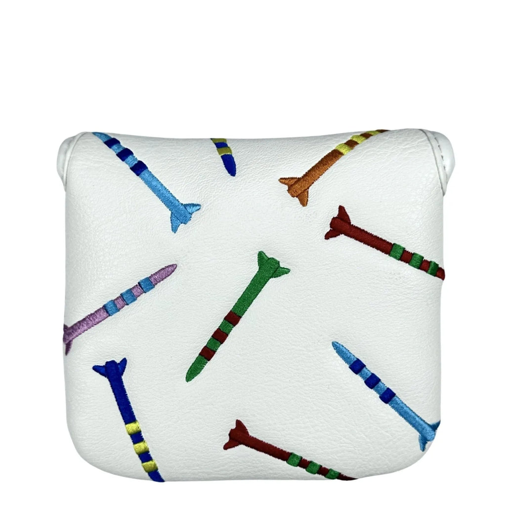 Black and white golf putter head protective sleeve with rocket pattern for square putters.