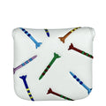 Black and white golf putter head protective sleeve with rocket pattern for square putters.