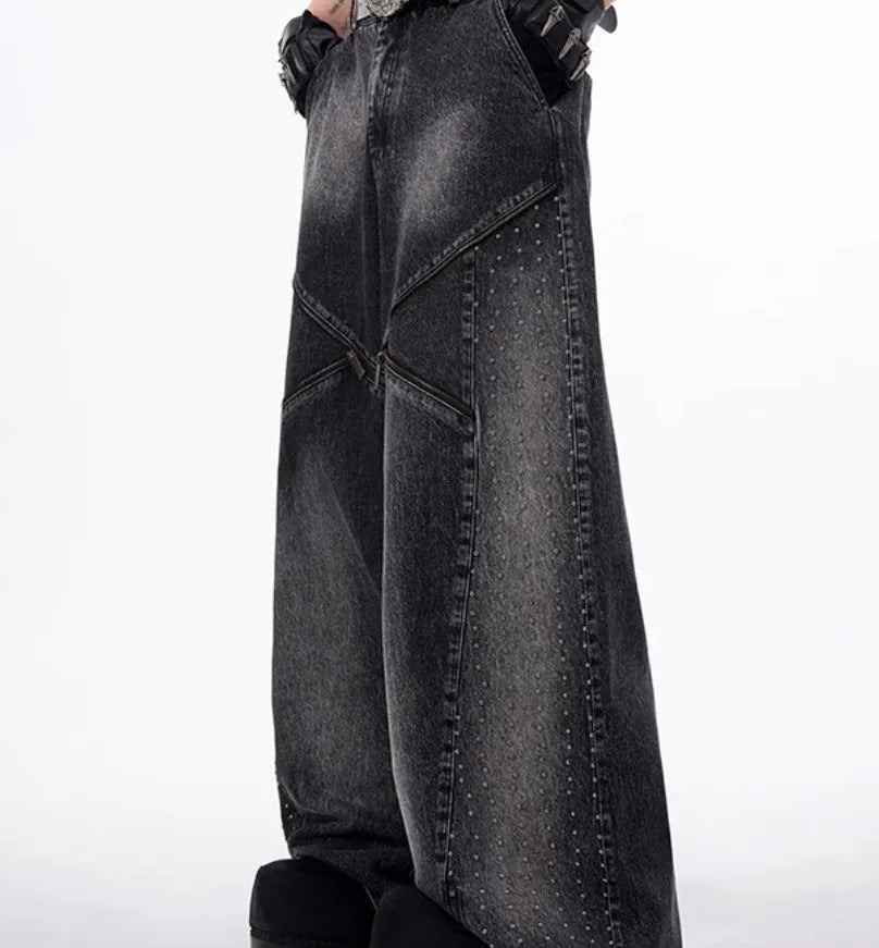 Black and grey Korean-style wide leg denim trousers with matching vest top laid flat.